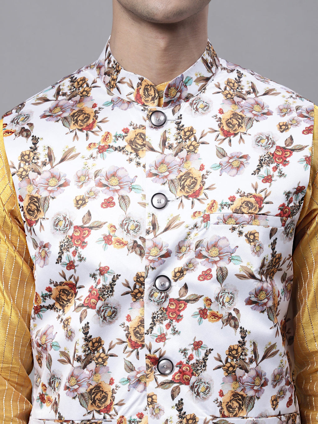 Jompers Men's Mustard Embroidered Kurta Pyjama With Wihte Printed Nehru Jacket | Grocsy
