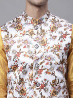 Jompers Men's Mustard Embroidered Kurta Pyjama With Wihte Printed Nehru Jacket | Grocsy