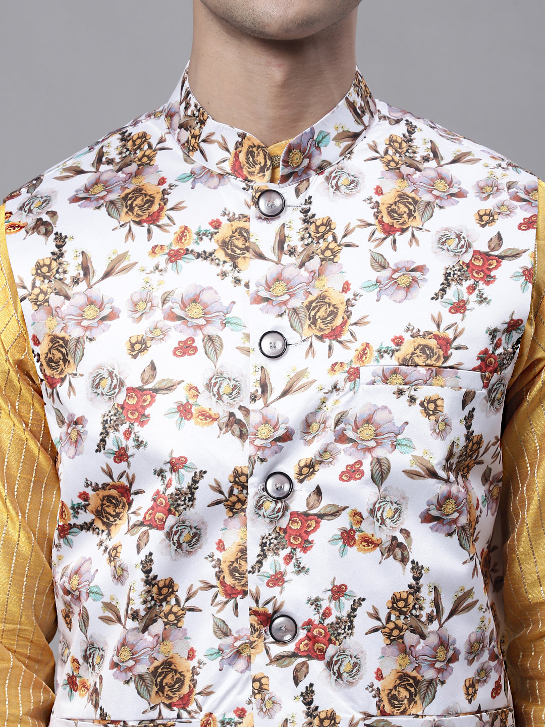 Jompers Men's Mustard Embroidered Kurta Pyjama With Wihte Printed Nehru Jacket | Grocsy