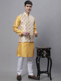 Jompers Men's Mustard Embroidered Kurta Pyjama With Floral Printed Nehru Jacket | Grocsy