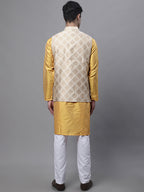 Jompers Men's Mustard Embroidered Kurta Pyjama With Floral Printed Nehru Jacket | Grocsy