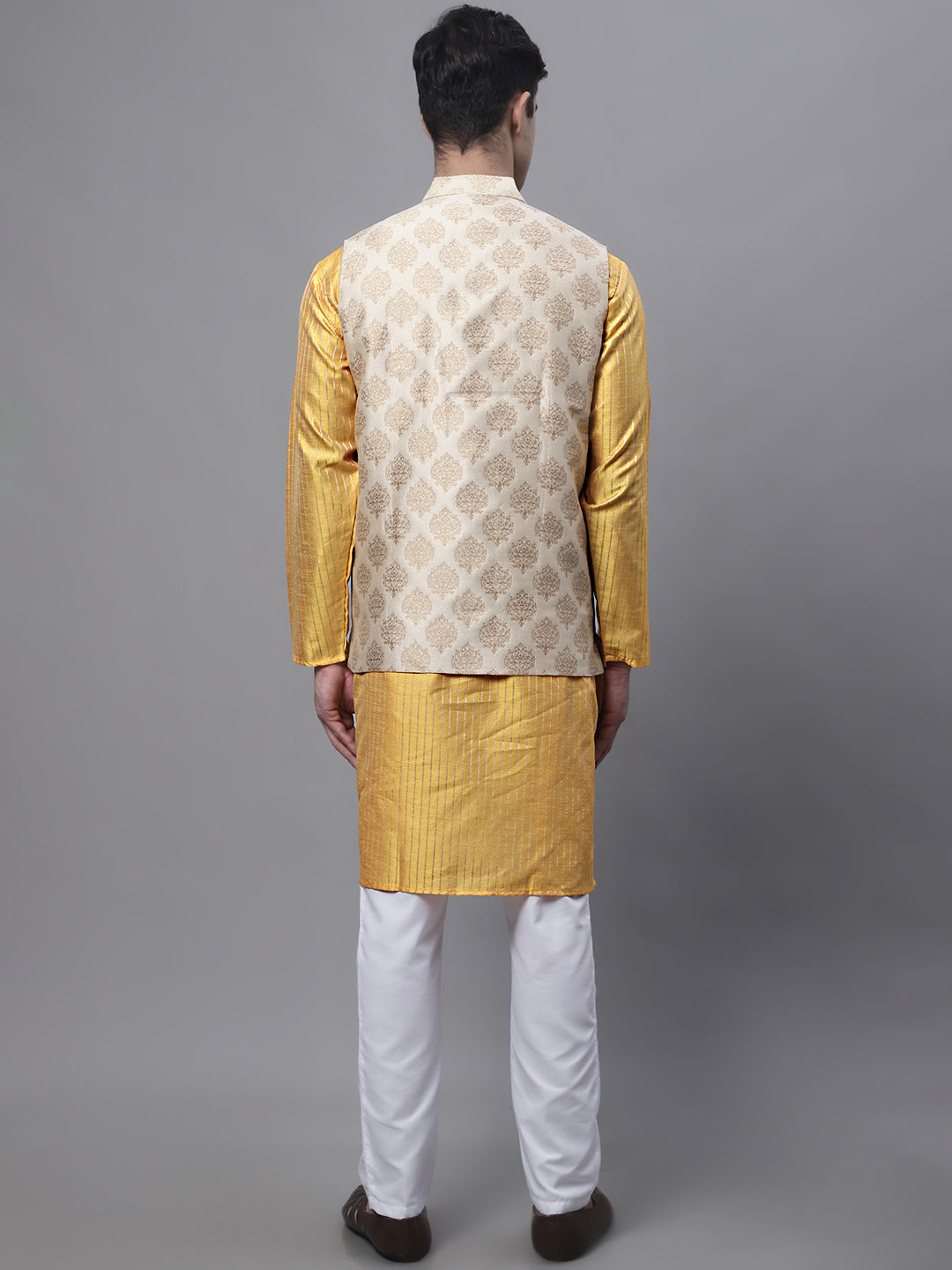 Jompers Men's Mustard Embroidered Kurta Pyjama With Floral Printed Nehru Jacket | Grocsy