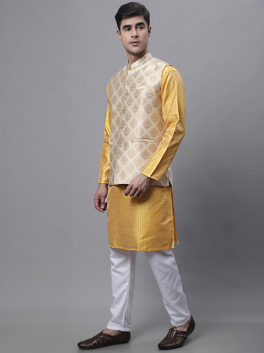Jompers Men's Mustard Embroidered Kurta Pyjama With Floral Printed Nehru Jacket | Grocsy