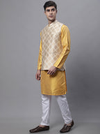 Jompers Men's Mustard Embroidered Kurta Pyjama With Floral Printed Nehru Jacket | Grocsy