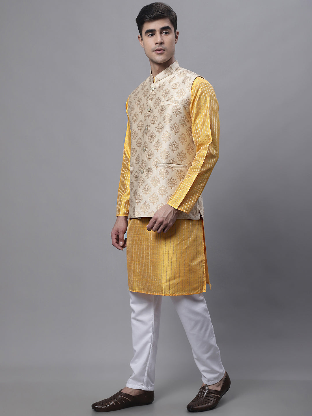Jompers Men's Mustard Embroidered Kurta Pyjama With Floral Printed Nehru Jacket | Grocsy