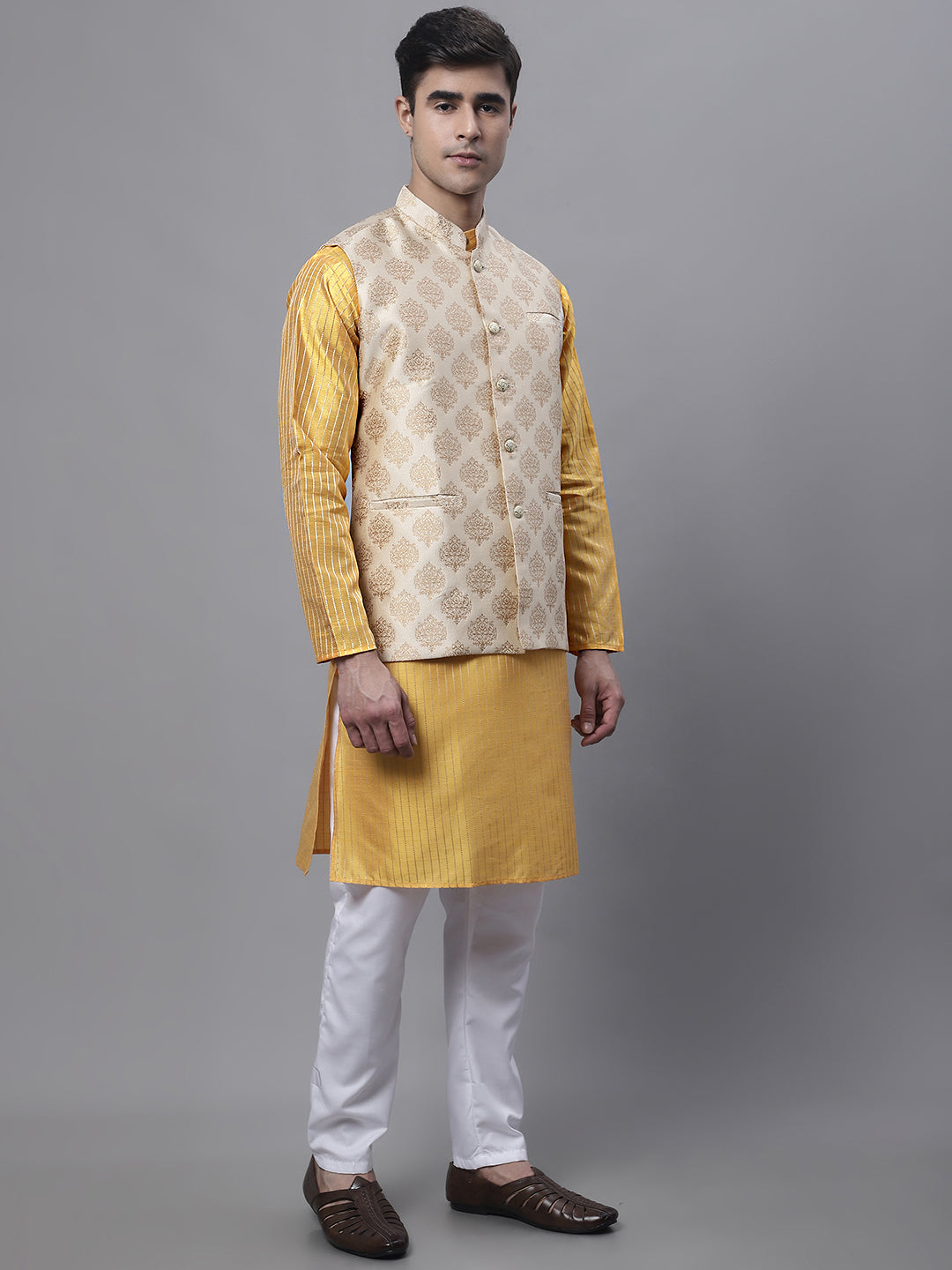 Jompers Men's Mustard Embroidered Kurta Pyjama With Floral Printed Nehru Jacket | Grocsy