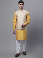 Jompers Men's Mustard Embroidered Kurta Pyjama With Floral Printed Nehru Jacket | Grocsy