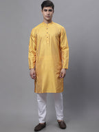 Jompers Men's Mustard Embroidered Kurta Pyjama With Floral Printed Nehru Jacket | Grocsy