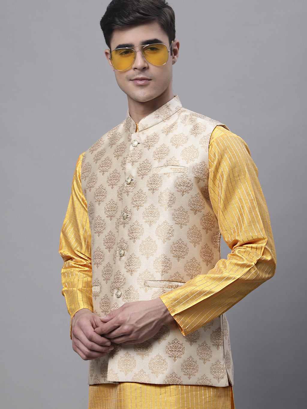 Jompers Men's Mustard Embroidered Kurta Pyjama With Floral Printed Nehru Jacket | Grocsy