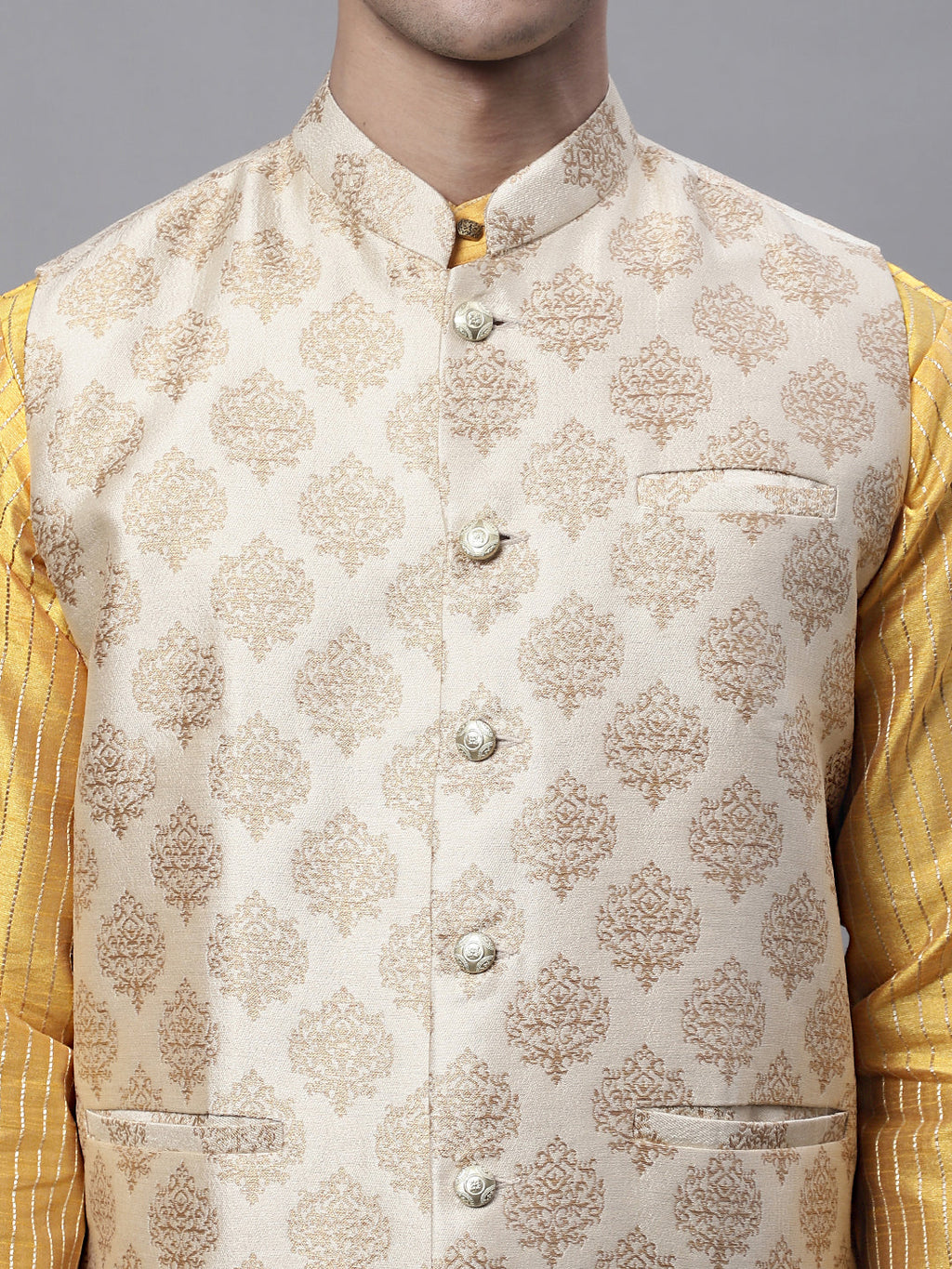 Jompers Men's Mustard Embroidered Kurta Pyjama With Floral Printed Nehru Jacket | Grocsy
