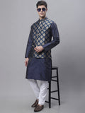 Jompers Men's Navy Blue Embroidered Kurta Pyjama With Floral Printed Nehru Jacket | Grocsy