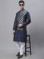 Jompers Men's Navy Blue Embroidered Kurta Pyjama With Floral Printed Nehru Jacket | Grocsy