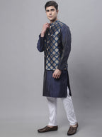 Jompers Men's Navy Blue Embroidered Kurta Pyjama With Floral Printed Nehru Jacket | Grocsy