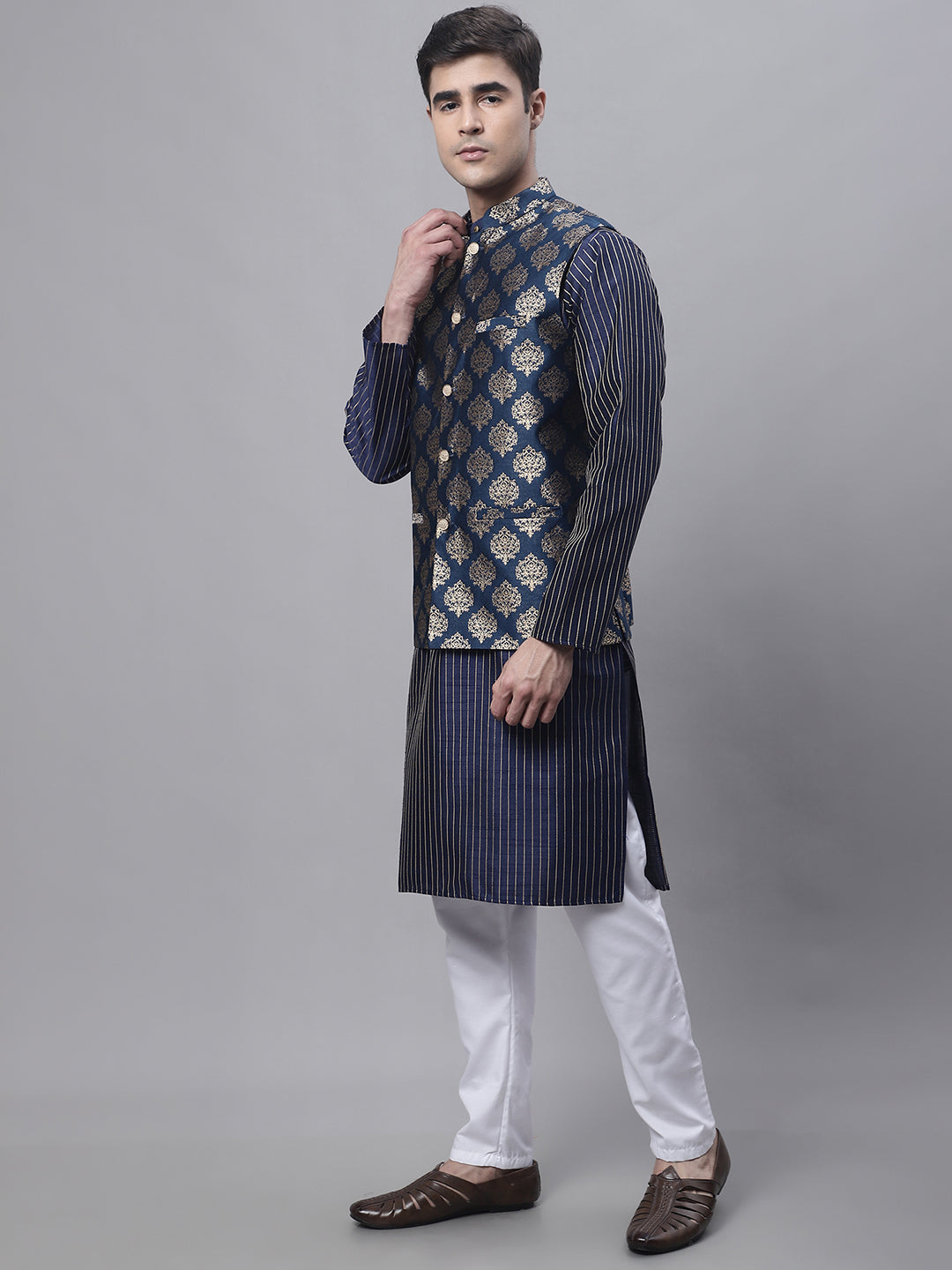 Jompers Men's Navy Blue Embroidered Kurta Pyjama With Floral Printed Nehru Jacket | Grocsy