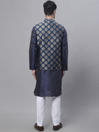Jompers Men's Navy Blue Embroidered Kurta Pyjama With Floral Printed Nehru Jacket | Grocsy