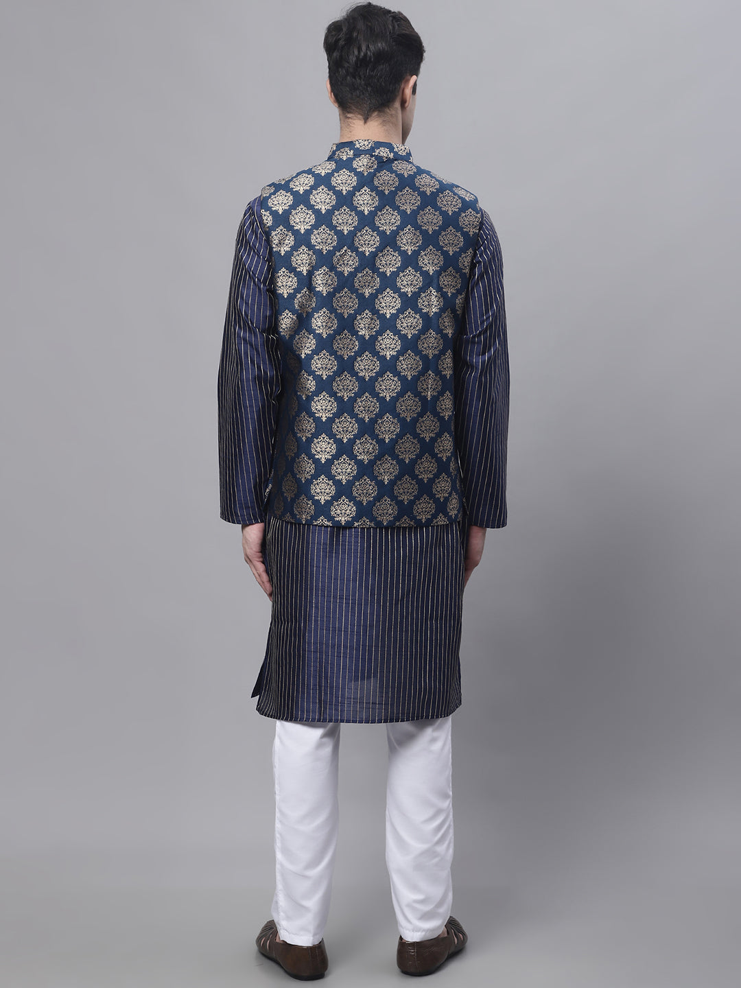 Jompers Men's Navy Blue Embroidered Kurta Pyjama With Floral Printed Nehru Jacket | Grocsy