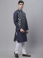 Jompers Men's Navy Blue Embroidered Kurta Pyjama With Floral Printed Nehru Jacket | Grocsy