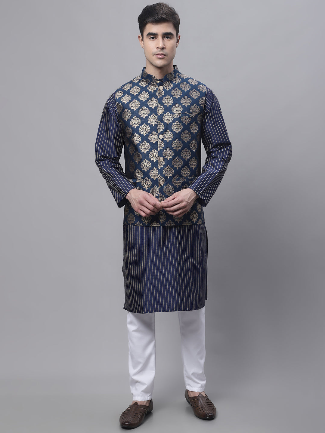 Jompers Men's Navy Blue Embroidered Kurta Pyjama With Floral Printed Nehru Jacket | Grocsy