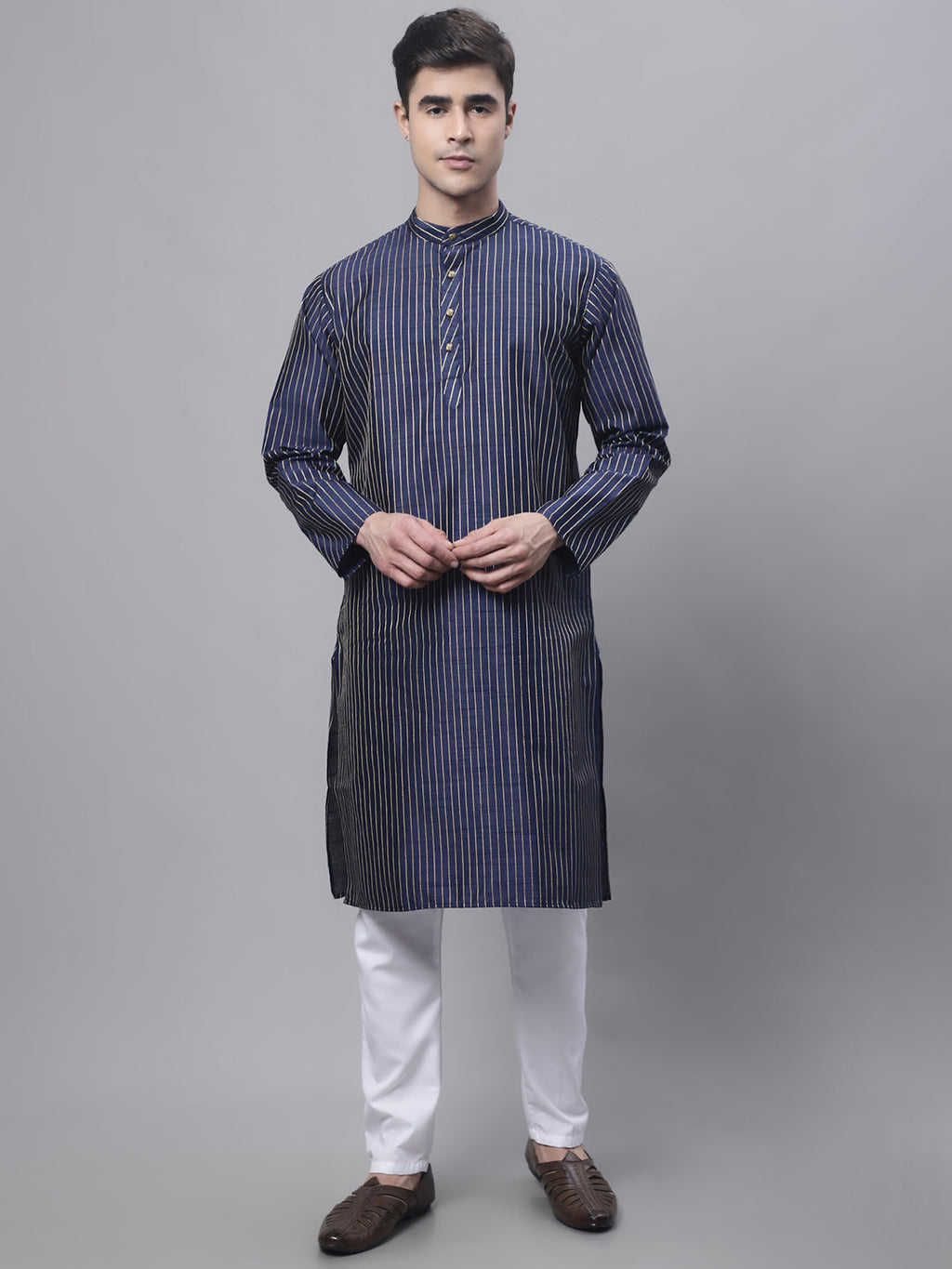 Jompers Men's Navy Blue Embroidered Kurta Pyjama With Floral Printed Nehru Jacket | Grocsy