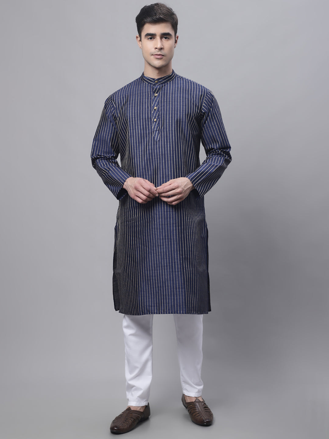 Jompers Men's Navy Blue Embroidered Kurta Pyjama With Floral Printed Nehru Jacket | Grocsy