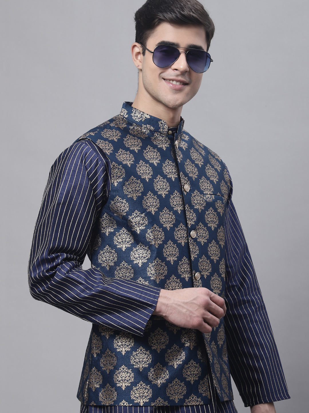 Jompers Men's Navy Blue Embroidered Kurta Pyjama With Floral Printed Nehru Jacket | Grocsy
