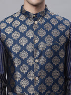 Jompers Men's Navy Blue Embroidered Kurta Pyjama With Floral Printed Nehru Jacket | Grocsy