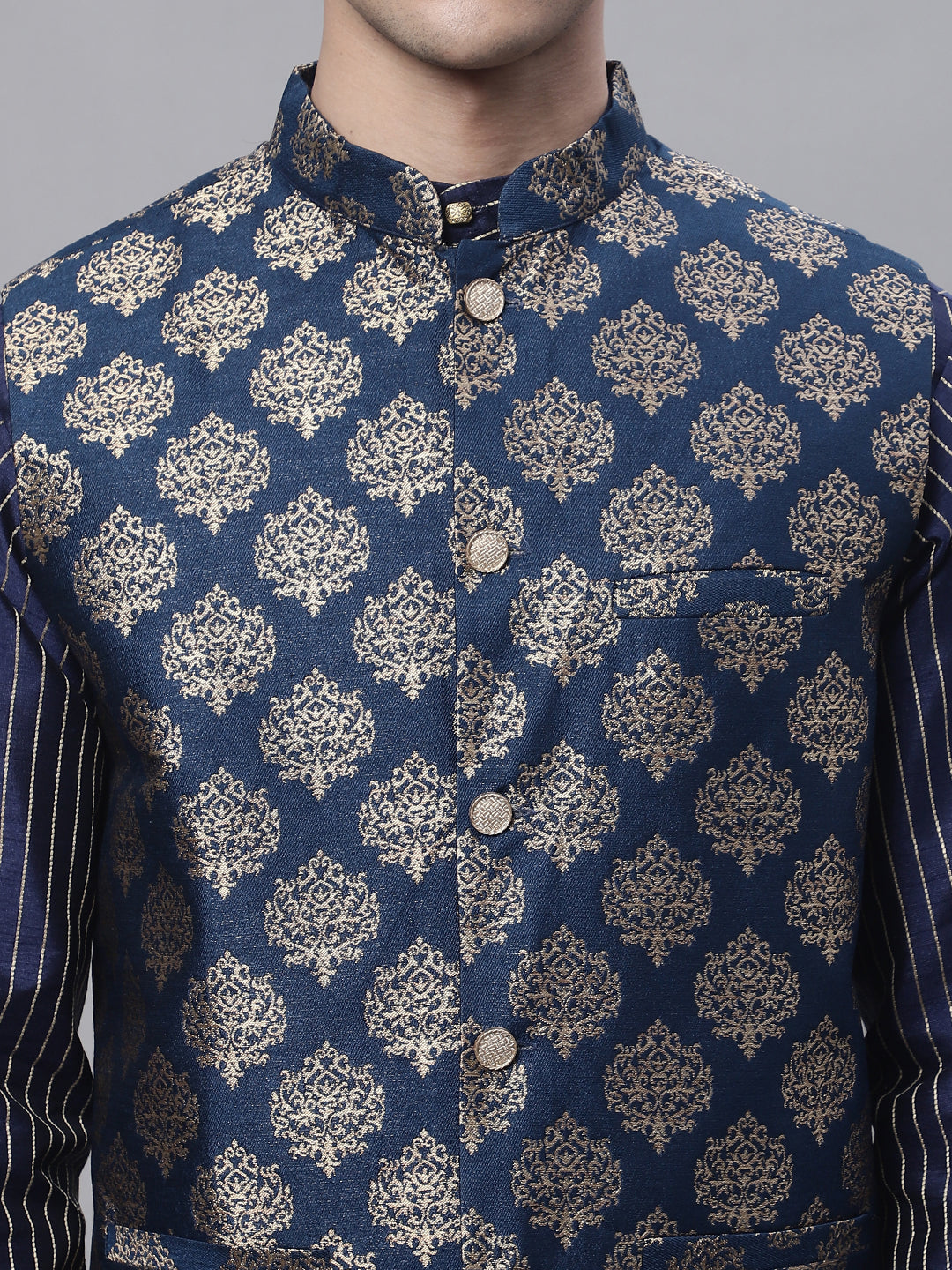 Jompers Men's Navy Blue Embroidered Kurta Pyjama With Floral Printed Nehru Jacket | Grocsy