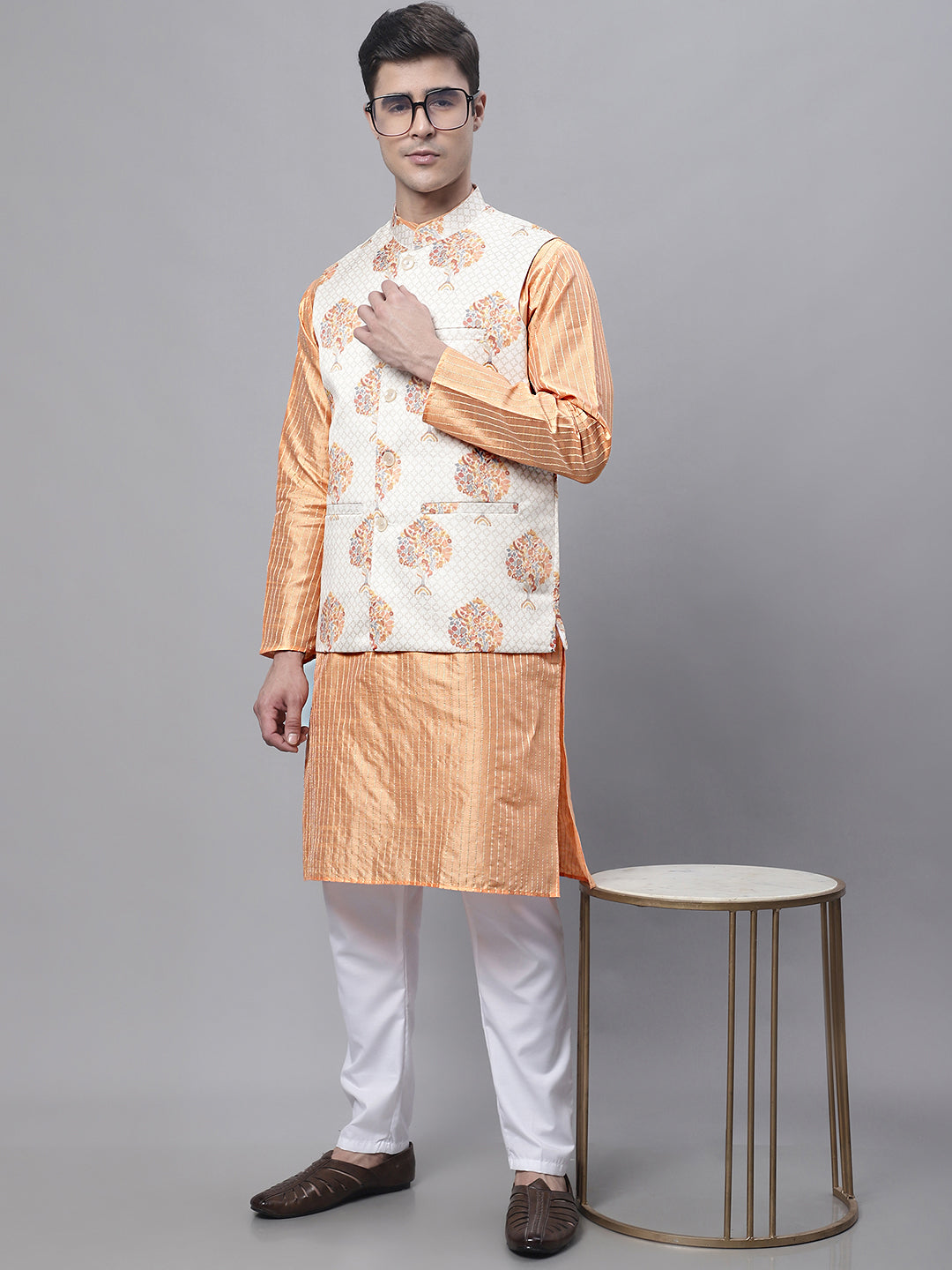 Jompers Men's Peach Embroidered Kurta Pyjama With Wihte Printed Nehru Jacket | Grocsy