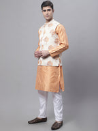 Jompers Men's Peach Embroidered Kurta Pyjama With Wihte Printed Nehru Jacket | Grocsy