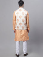 Jompers Men's Peach Embroidered Kurta Pyjama With Wihte Printed Nehru Jacket | Grocsy