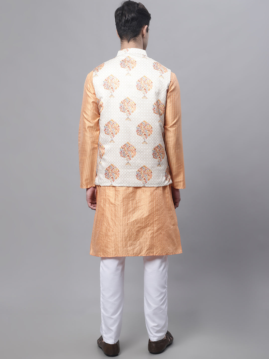 Jompers Men's Peach Embroidered Kurta Pyjama With Wihte Printed Nehru Jacket | Grocsy