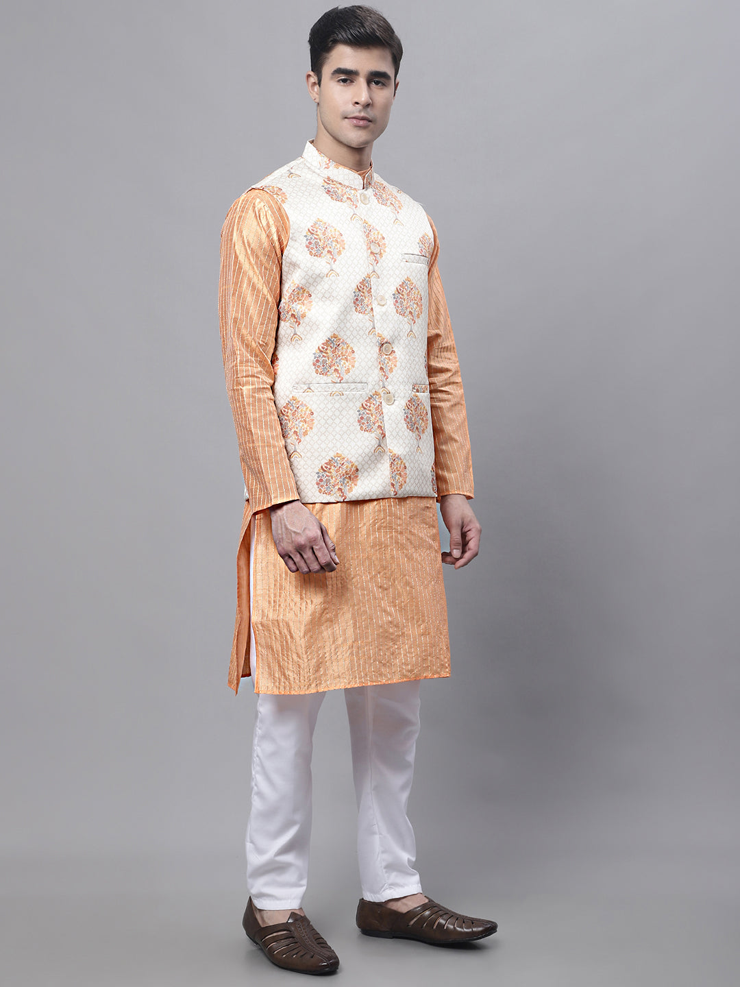 Jompers Men's Peach Embroidered Kurta Pyjama With Wihte Printed Nehru Jacket | Grocsy
