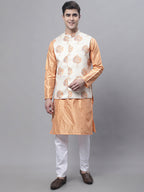 Jompers Men's Peach Embroidered Kurta Pyjama With Wihte Printed Nehru Jacket | Grocsy
