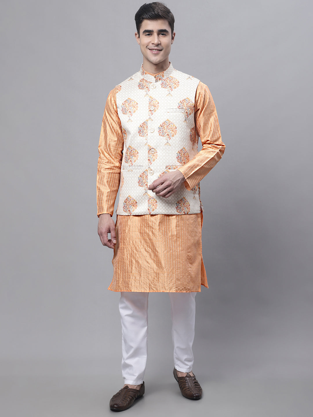 Jompers Men's Peach Embroidered Kurta Pyjama With Wihte Printed Nehru Jacket | Grocsy