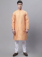 Jompers Men's Peach Embroidered Kurta Pyjama With Wihte Printed Nehru Jacket | Grocsy