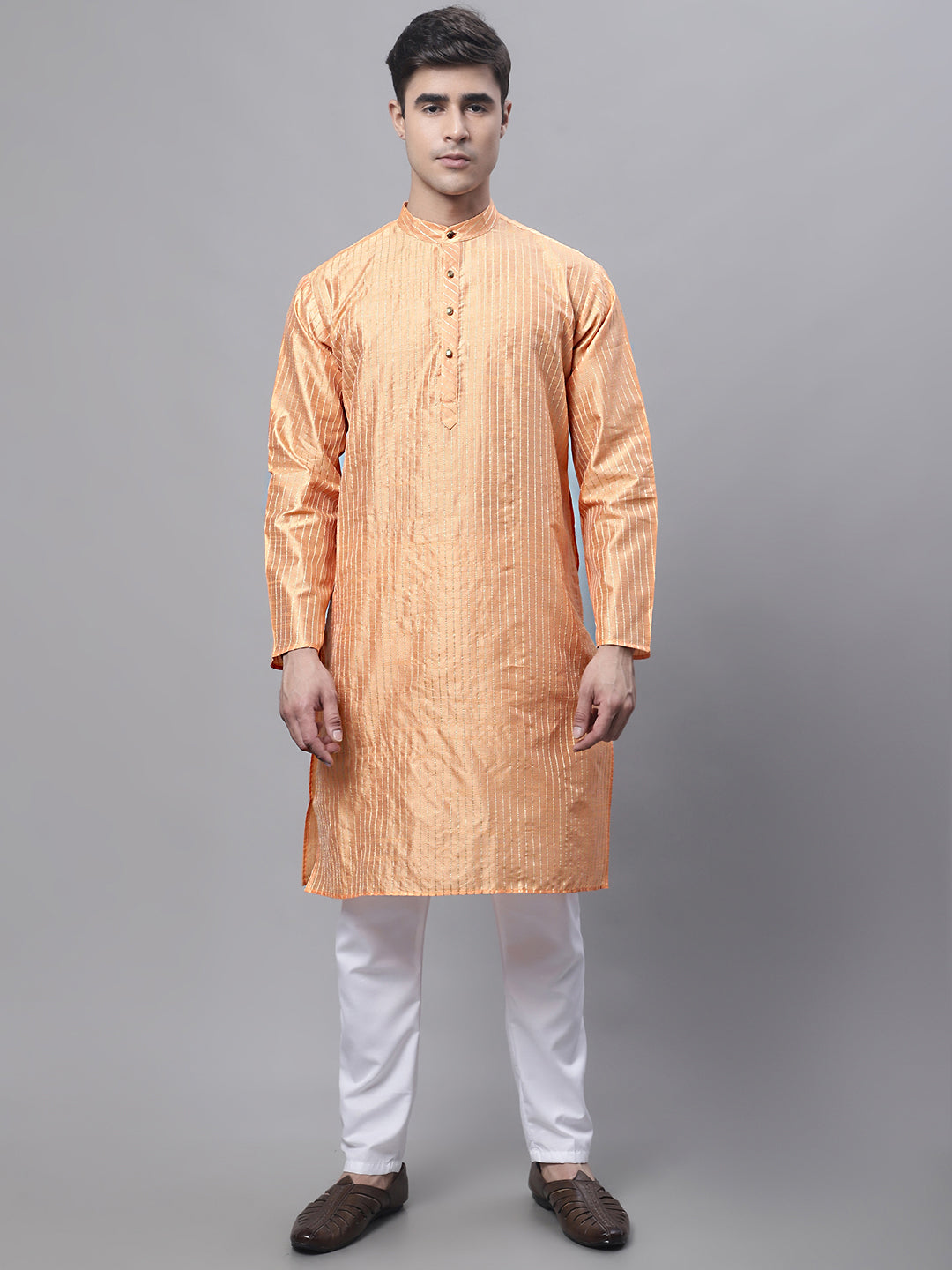 Jompers Men's Peach Embroidered Kurta Pyjama With Wihte Printed Nehru Jacket | Grocsy