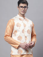 Jompers Men's Peach Embroidered Kurta Pyjama With Wihte Printed Nehru Jacket | Grocsy