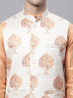 Jompers Men's Peach Embroidered Kurta Pyjama With Wihte Printed Nehru Jacket | Grocsy