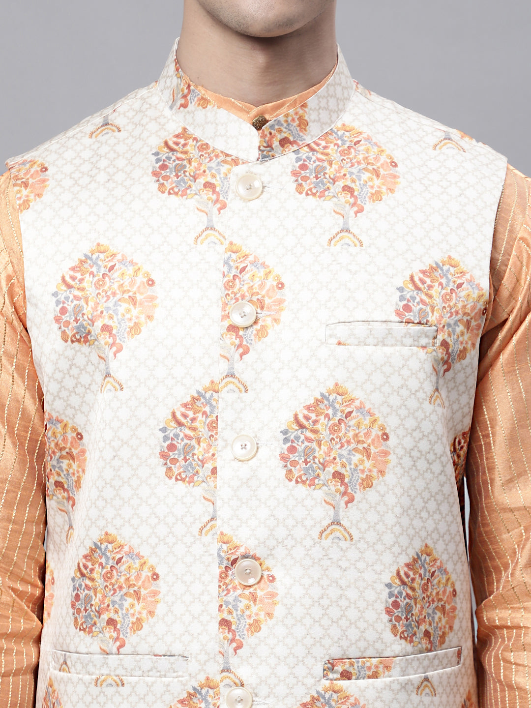 Jompers Men's Peach Embroidered Kurta Pyjama With Wihte Printed Nehru Jacket | Grocsy