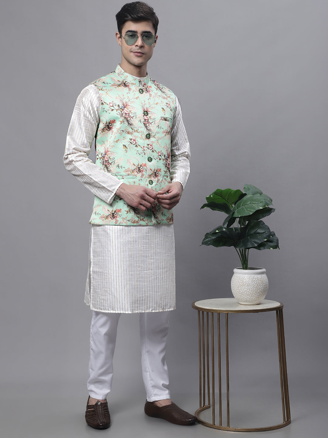 Jompers Men's Off White Embroidered Kurta Pyjama With Lime Printed Nehru Jacket | Grocsy