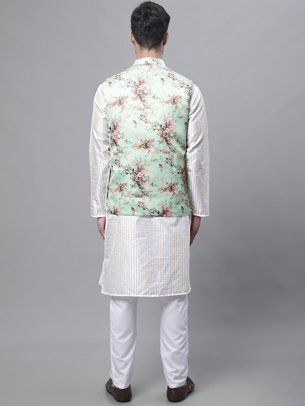 Jompers Men's Off White Embroidered Kurta Pyjama With Lime Printed Nehru Jacket | Grocsy