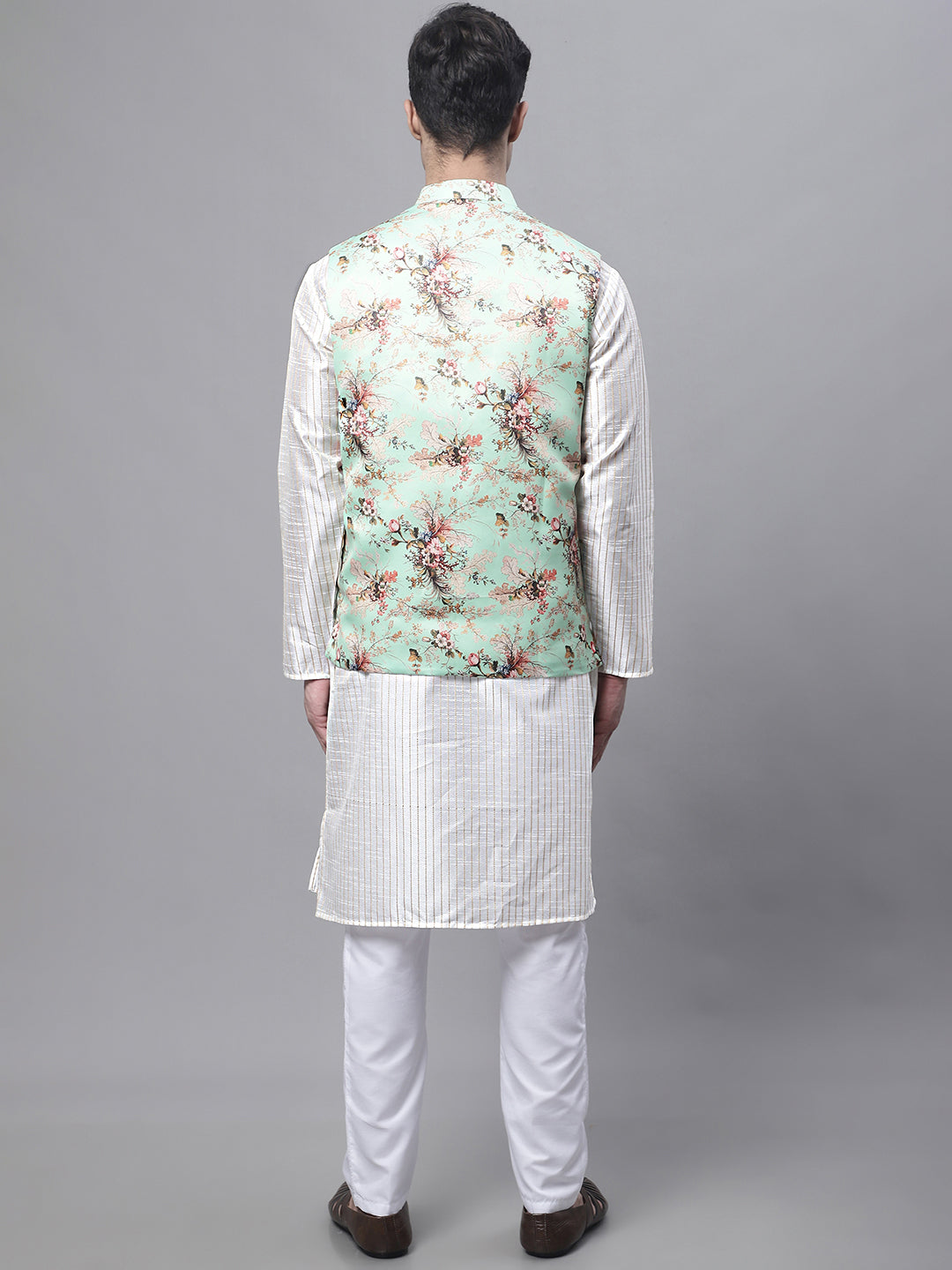 Jompers Men's Off White Embroidered Kurta Pyjama With Lime Printed Nehru Jacket | Grocsy