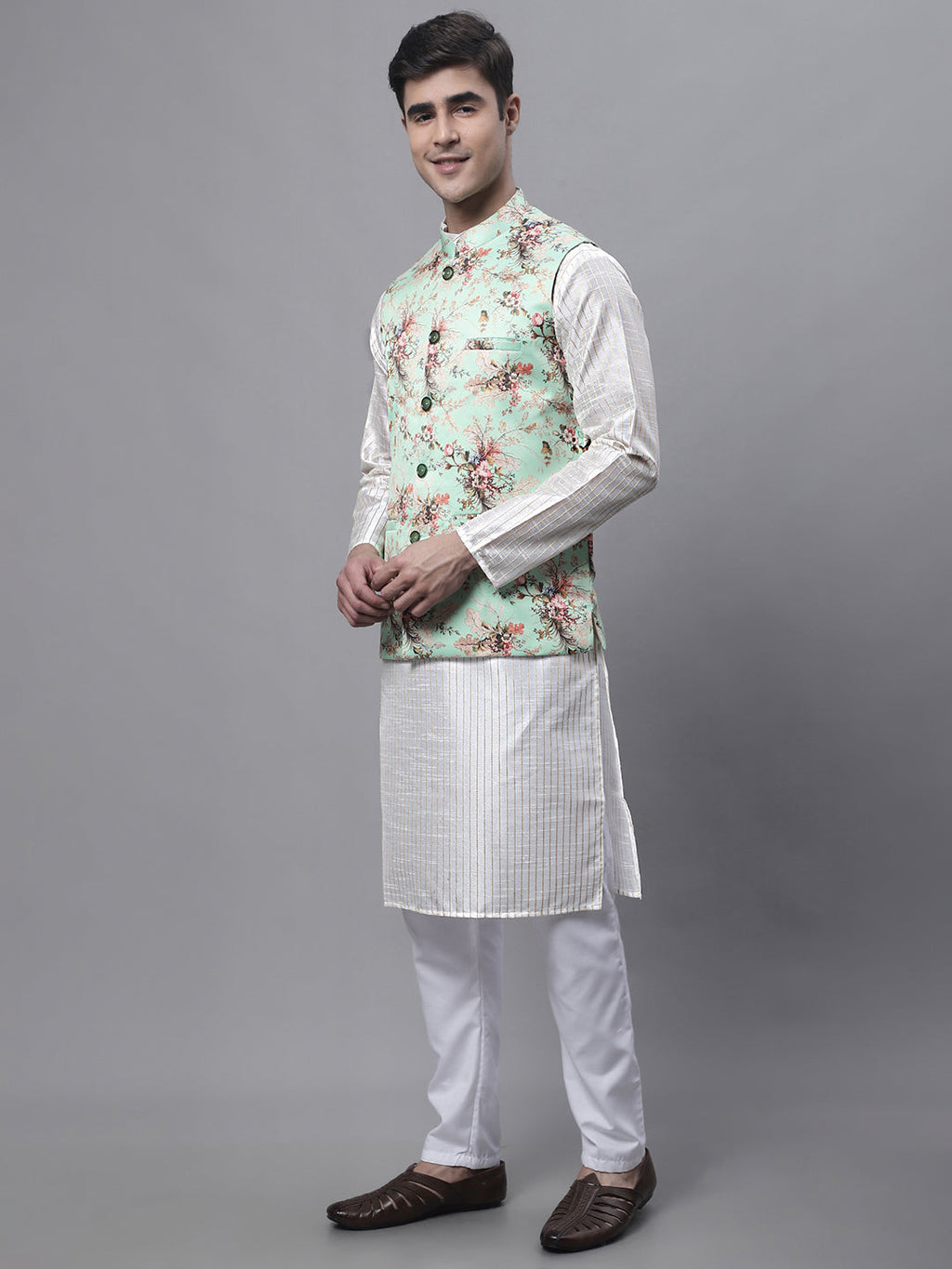 Jompers Men's Off White Embroidered Kurta Pyjama With Lime Printed Nehru Jacket | Grocsy