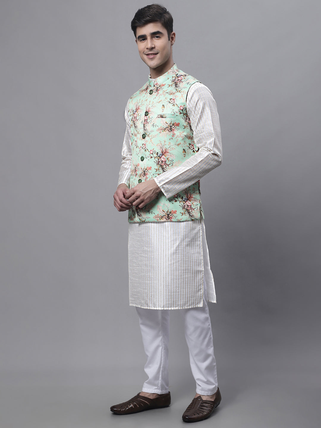 Jompers Men's Off White Embroidered Kurta Pyjama With Lime Printed Nehru Jacket | Grocsy