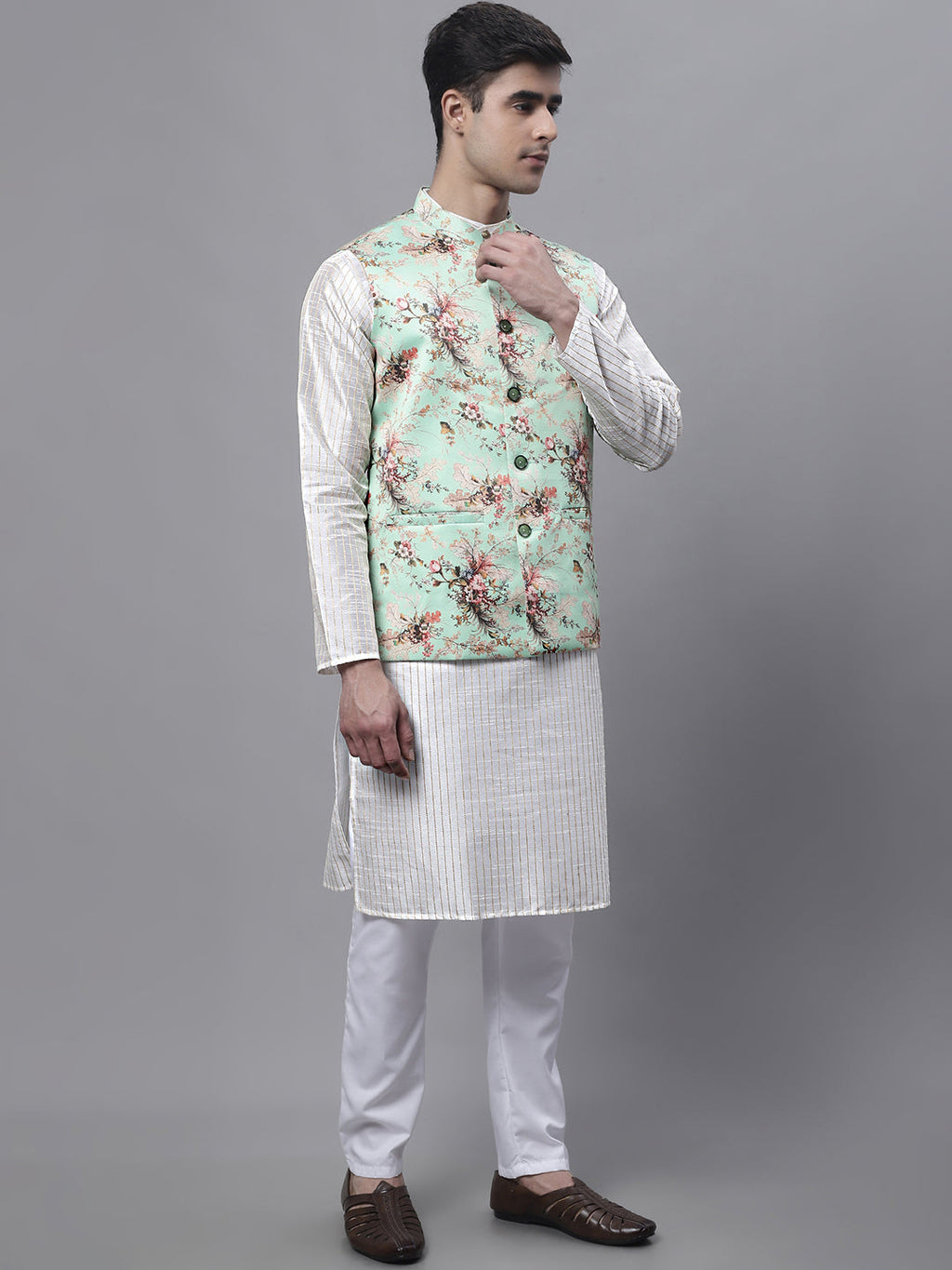 Jompers Men's Off White Embroidered Kurta Pyjama With Lime Printed Nehru Jacket | Grocsy