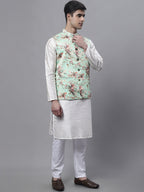 Jompers Men's Off White Embroidered Kurta Pyjama With Lime Printed Nehru Jacket | Grocsy