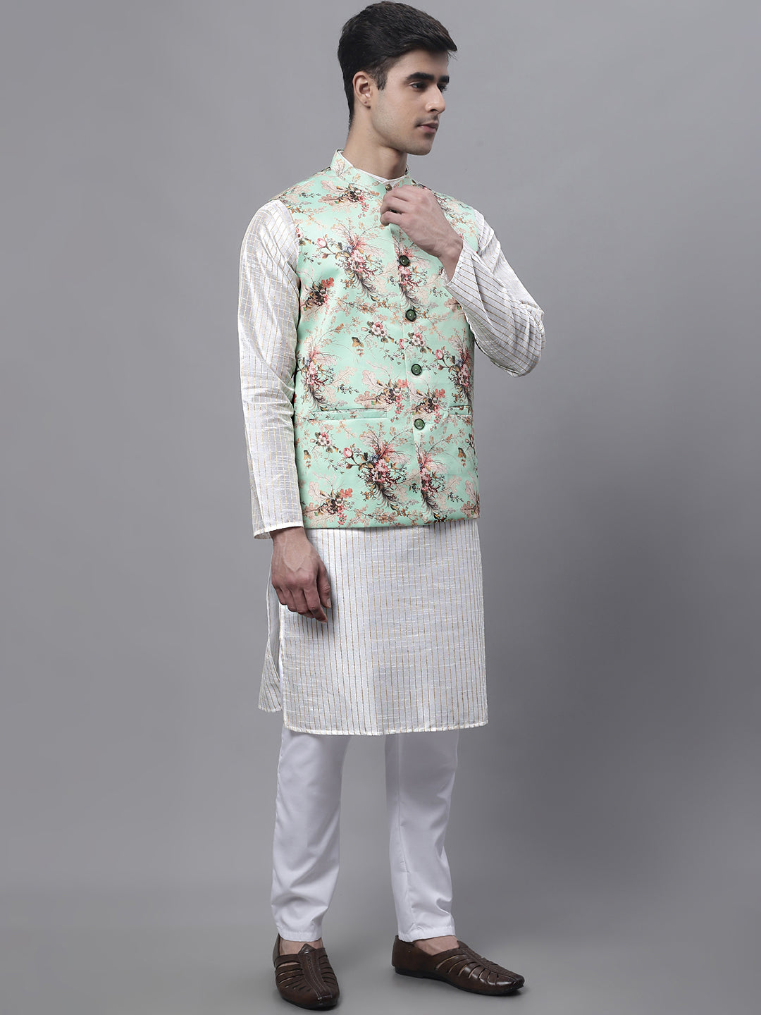 Jompers Men's Off White Embroidered Kurta Pyjama With Lime Printed Nehru Jacket | Grocsy