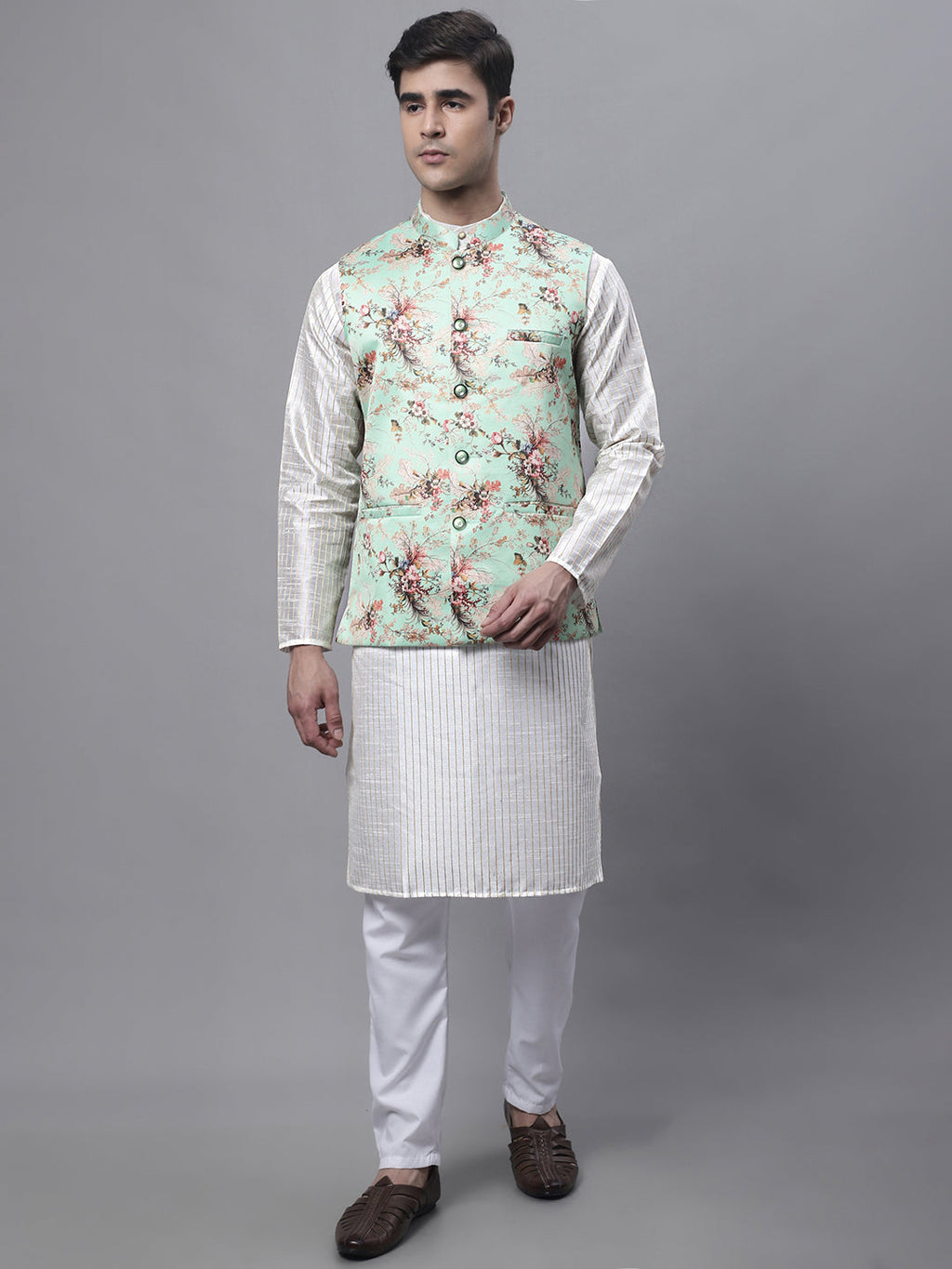 Jompers Men's Off White Embroidered Kurta Pyjama With Lime Printed Nehru Jacket | Grocsy