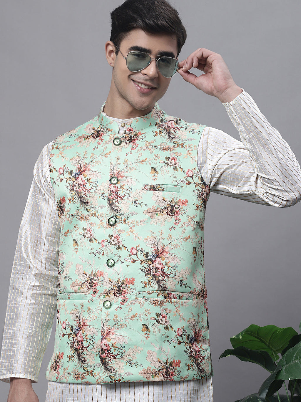 Jompers Men's Off White Embroidered Kurta Pyjama With Lime Printed Nehru Jacket | Grocsy