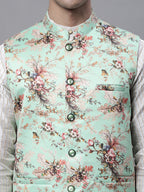 Jompers Men's Off White Embroidered Kurta Pyjama With Lime Printed Nehru Jacket | Grocsy